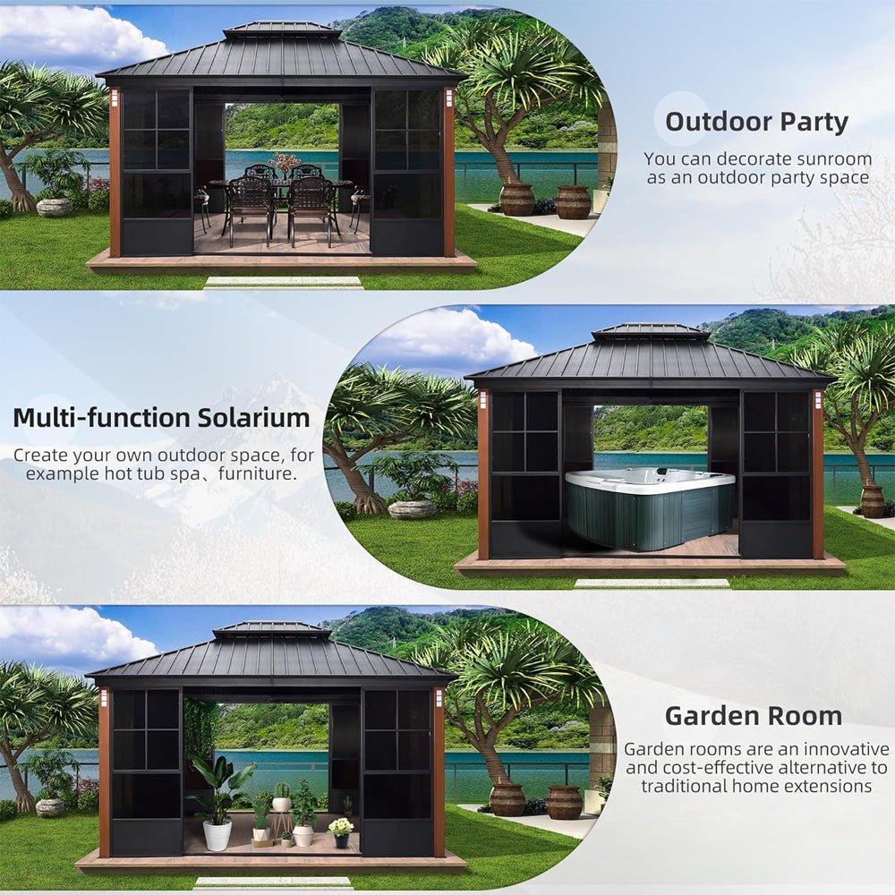 [12x14FT] Large Heavy-Duty Outdoor Aluminum Patio Hard Double Steel Top Backyard Sun Room Gazebo (94625371)