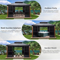 [12x14FT] Large Heavy-Duty Outdoor Aluminum Patio Hard Double Steel Top Backyard Sun Room Gazebo (94625371)