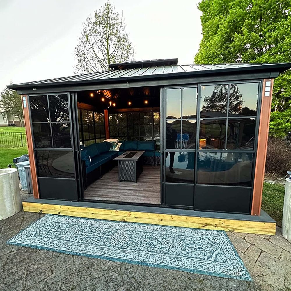 [12x14FT] Large Heavy-Duty Outdoor Aluminum Patio Hard Double Steel Top Backyard Sun Room Gazebo (94625371)